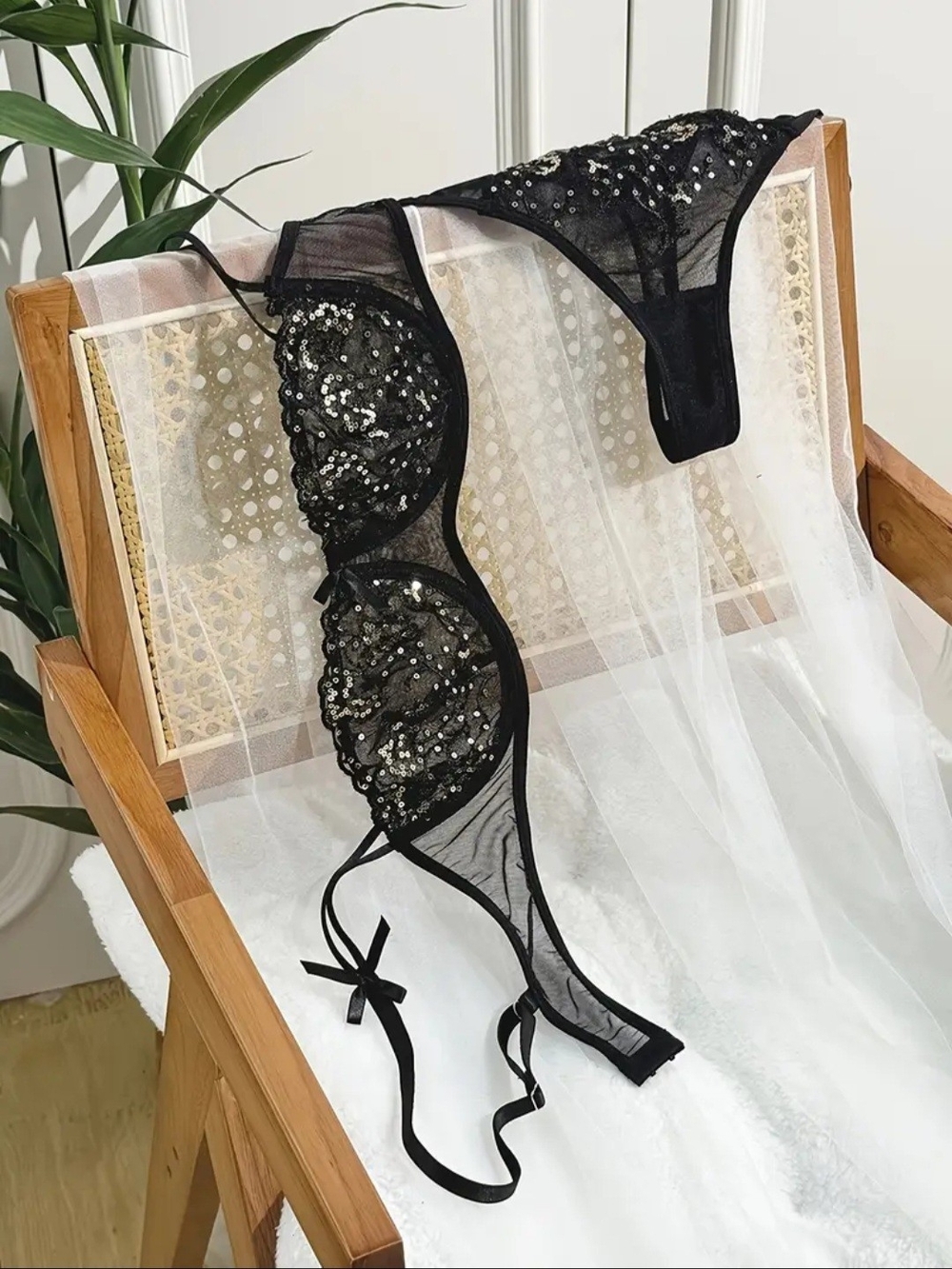 Black Sequin Lace Bra & Thong Set